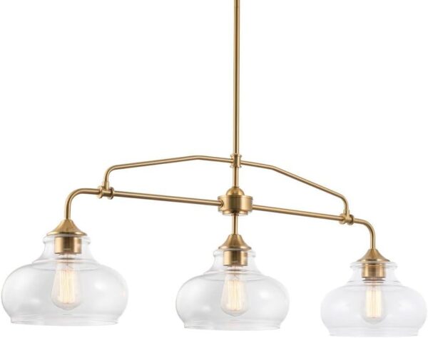 Kira Home Harlow 38" Modern Industrial Farmhouse 3-Light Kitchen Island Light with Clear Glass Shades, Adjustable Hanging Height, for Dining Room, Living Room or Kitchen, Cool Brass Finish