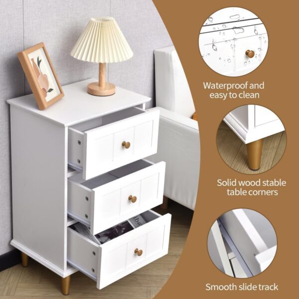 Nightstand with 3 Drawers Set of 2, Wooden Side Table Bedroom Storage Cabinet, Simple and Exquisite Furniture in Small Space (2, White) - Image 4