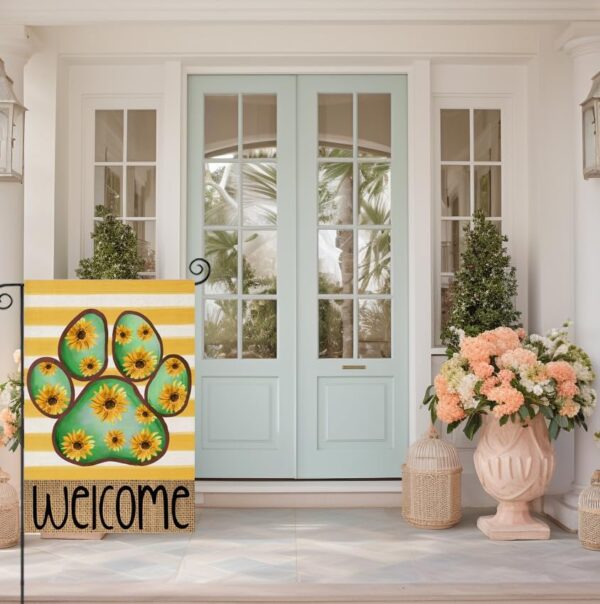 Welcome Summer Garden Flags for Outside, Dog Paw with Sunflowers Flowers Stripes Yard Decoration, Small Seasonal Outdoor Decor for Spring Farmhouse Holiday,12x18 Inch Double Sided - Image 3