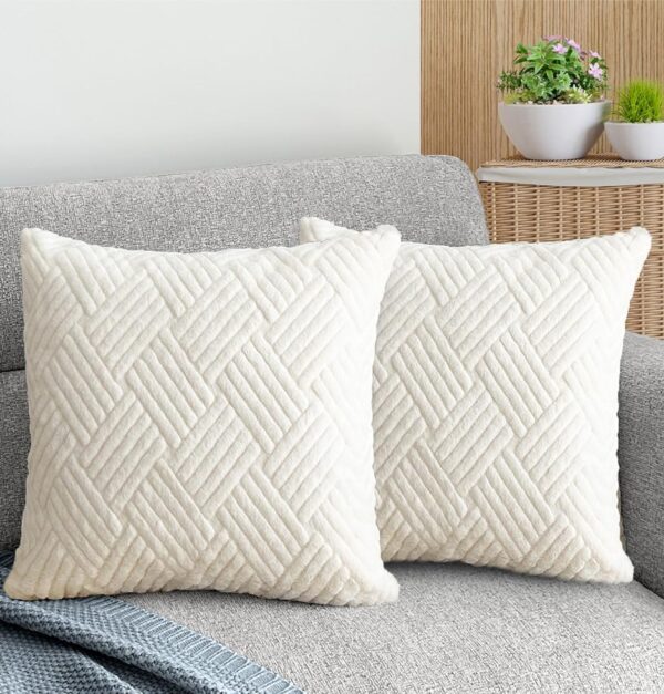 Throw Pillow Covers Set of 2 Fuzzy Striped Soft Pillowcase with Faux Fur Cushion Covers Decorative Home Decor for Couch Sofa Bed Bedroom Livingroom (20x20, Off White) - Image 7